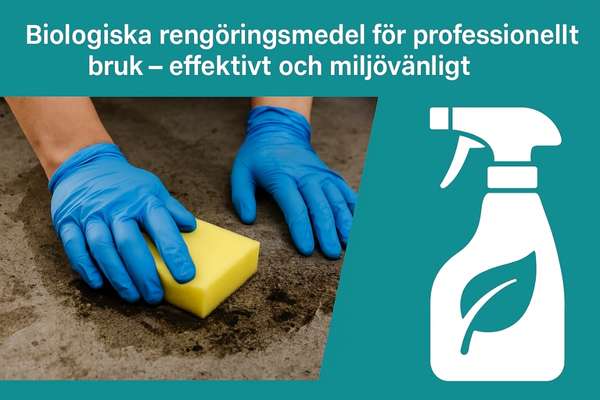 Fastighetsskötare rengör stenplattor med biologiskt rengöringsmedel i grön miljö